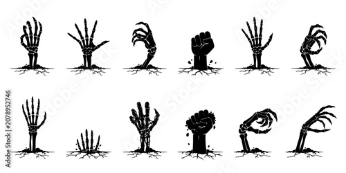 Zombie Hands Emerging From the Ground in Various Poses, Black and White Illustration Featuring Horror, Skeletal, Creepy