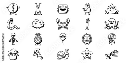 Whimsical Monster Characters in Black and White with Various Playful Designs Featuring Cartoon, Illustration, Design with Vector