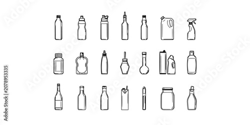Bottles in Various Shapes and Sizes Illustrated in a Collection of 24 Different Designs Featuring Plastic, Containers