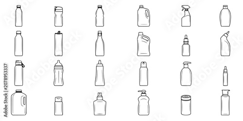Bottle Icon Set of Multiple Plastic Containers in Simple Line Style for Packaging Concept Design Featuring Container, Lineart