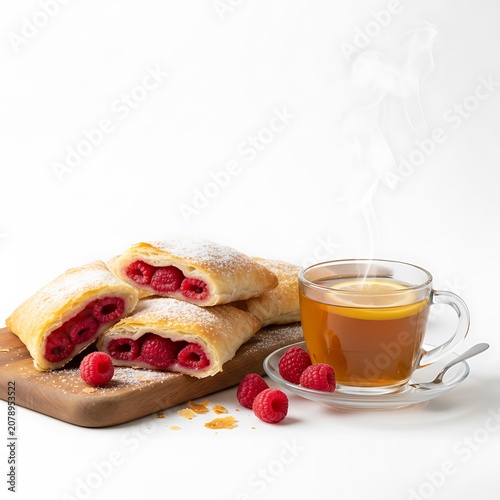 Fresh puff pastries filled with berries and served with strawberries, raspberries, blueberries and currants. Homemade sweet bakery products isolated on a light background.