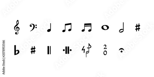 Musical Notes and Symbols Arranged in Two Rows Featuring Music, Treble, Clef with Sharp and Flat Elements for Natural, Quarter