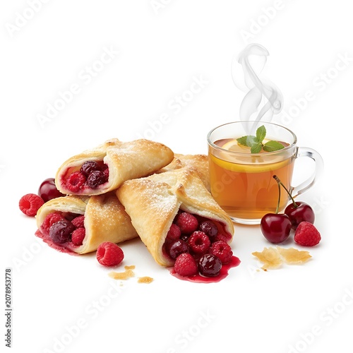 Fresh puff pastries filled with berries and served with strawberries, raspberries, blueberries and currants. Homemade sweet bakery products isolated on a light background.