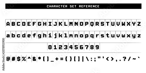 Character Set Reference Featuring Uppercase and Lowercase Letters, Numbers, and Symbols in a Digital Display Style