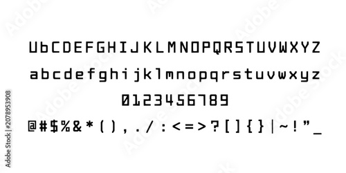 Digital Display of Uppercase and Lowercase Letters, Numbers, and Symbols in a Pixelated Font Featuring Typography, Characters