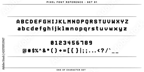 Typography Character Set on Digital Display with Uppercase Lowercase Letters and Numbers, Pixel Font Reference for Design Concept