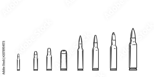 Bullets and Shell Casings Arranged in a Row, Showcasing Different Sizes and Shapes Featuring Bullet, Casing, Ammunition