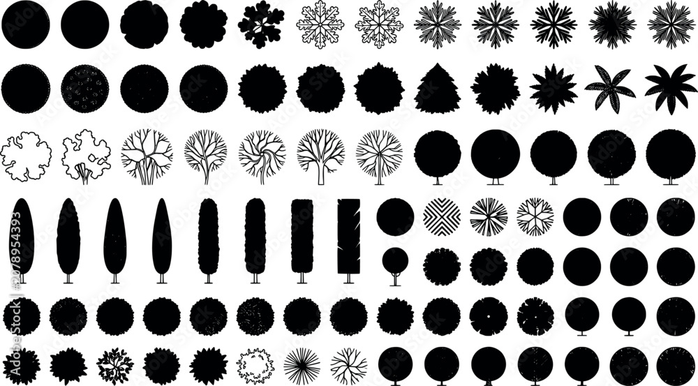 Fototapeta premium Set of various tree top view icons for architectural landscape design