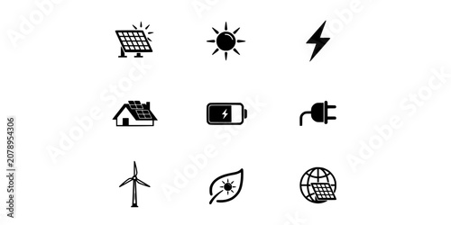 Icons Set of Black and White Renewable Energy Symbols Arranged in a Clean Grid for Digital Design Concept