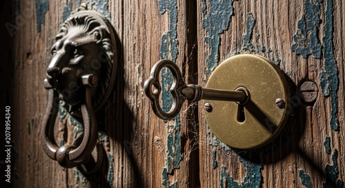 Ornate brass key in antique door with knocker.