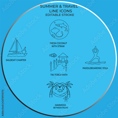 Tropical Summer and Travel Line Icons Set with Editable Stroke