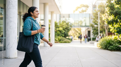 Happy young indian female student with dark curly hair walks with a coffee cup and tote bag on a modern university campus
