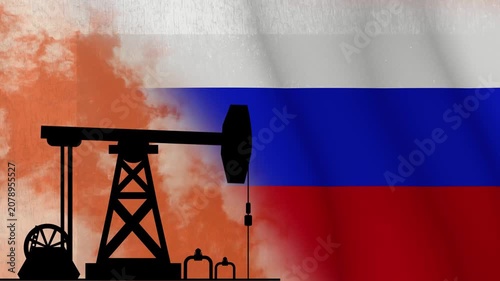 The silhouette of an oil rig against the background of the Russian flag and running clouds with a grunge texture. 4K