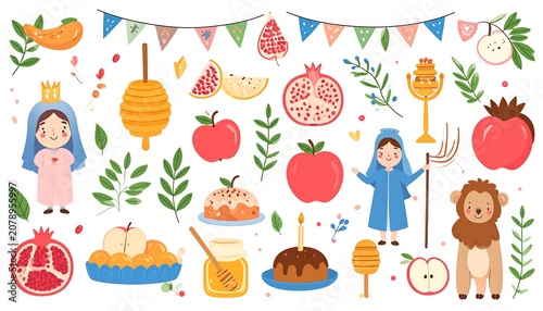A vibrant illustration featuring various fruits, traditional foods, and symbolic items