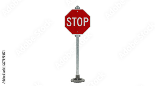 Red stop traffic sign on metal pole  on a white backdrop/Red octagonal highway stop sign.