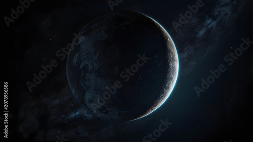 Dark Planet Emerging from Shadow with Thin Atmospheric Glow Floating in Deep Outer Space