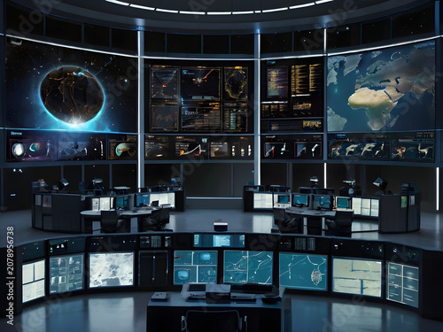 Futuristic Space Mission Control Center with Advanced Digital Monitoring Screens and Orbital Operations Interface