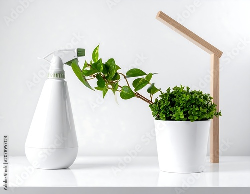A white spray bottle and a potted plant on a shelf with a wooden lamp