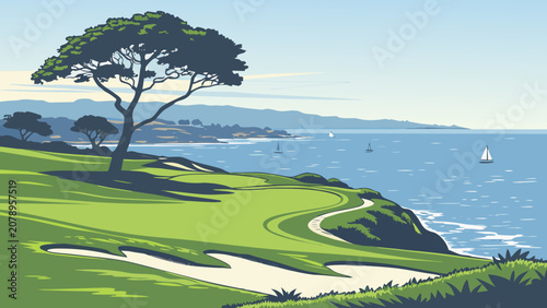 Coastal golf course green with ocean view vector illustration