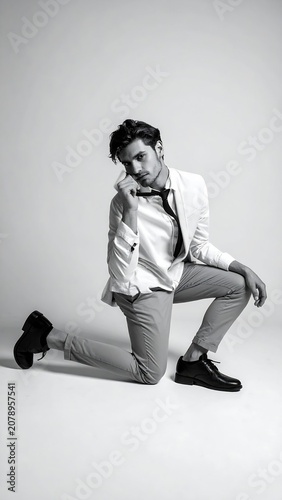 A young man in a white suit kneels on one knee, looking down