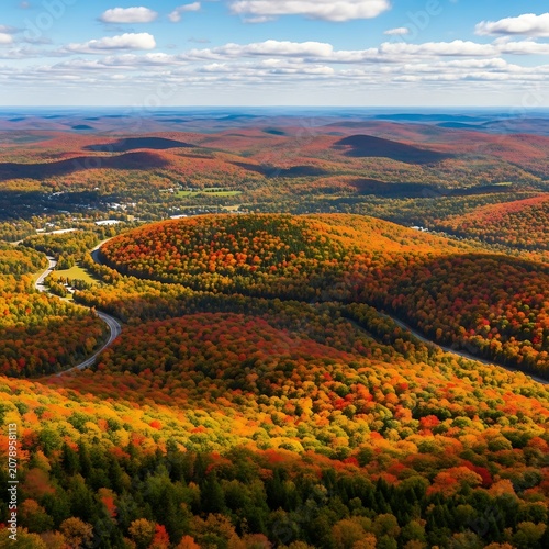Aerial view of a vibrant autumn landscape with rolling hills, winding road, and scattered buildings under a blue sky with clouds
