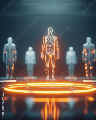 Human body anatomy projection with glowing nervous system and digital skeletal structure in futuristic laboratory. Biometric scan technology and medical data visualization concept
