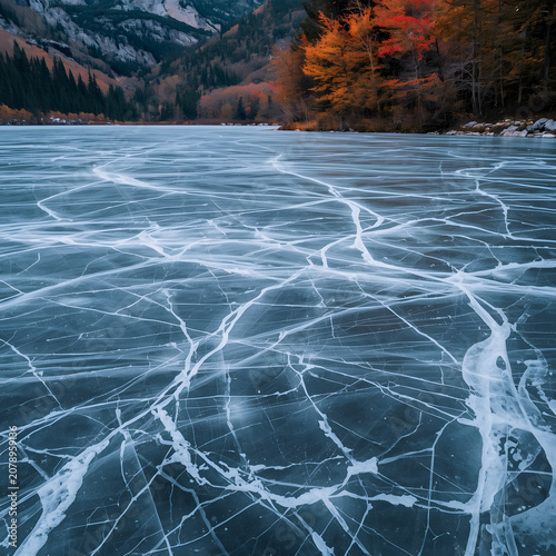 Frozen Winter Lake with Natural Ice Crack Patterns Surrounded by Snow Covered Mountain Landscape