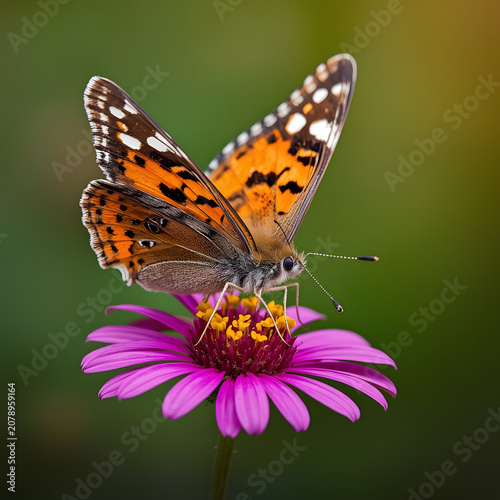 Beautiful Painted Lady Butterfly Resting on Vibrant Pink Coneflower in Natural Garden Macro Photography