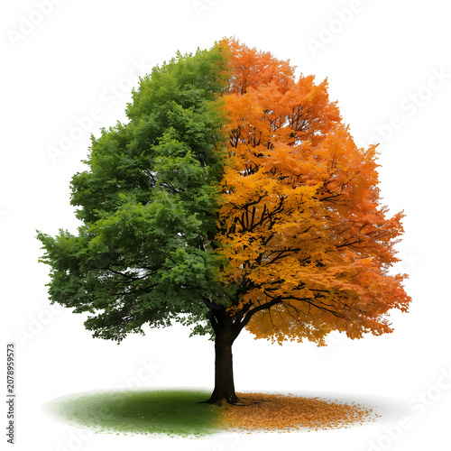 Four Seasons Transition Tree with Lush Green Summer Foliage and Vibrant Autumn Leaves Isolated on White Background