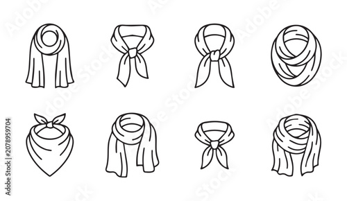 Various neck scarf styles illustrated in a clean line drawing on a white background