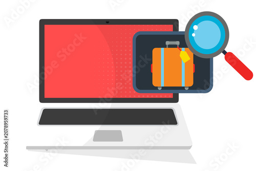 Online Travel Search Concept. Laptop with Magnifying Glass and Luggage Illustration