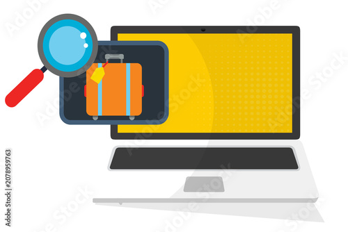 Online Travel Search Concept. Laptop with Magnifying Glass and Luggage Illustration
