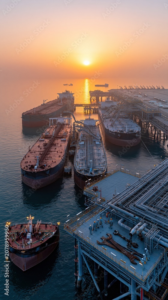 Fototapeta premium Sunrise aerial view of a large industrial port with docked oil tankers and cargo ships at dawn.