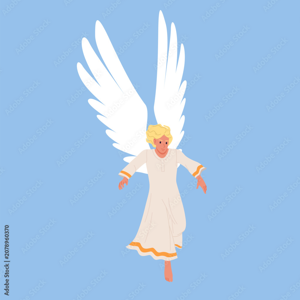 Obraz premium Blond angel in white robe with large wings isolated on blue vector illustration