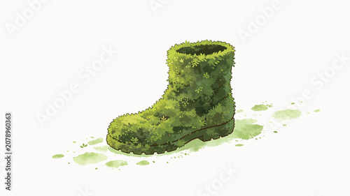 Moss-Covered Boot Illustration with Lush Green Foliage and Watercolor Splashes on White Background