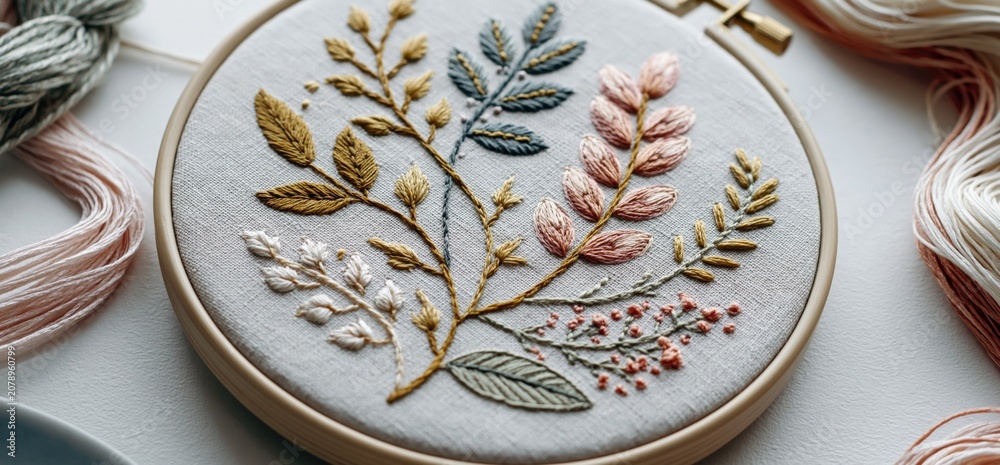 Naklejka premium Delicate Floral Embroidery Design on Hoop with Thread Spools for Crafting and Home Decor