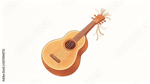 Whimsical Illustration of a Hand-Drawn Classical Guitar with Delicate Fiber Details