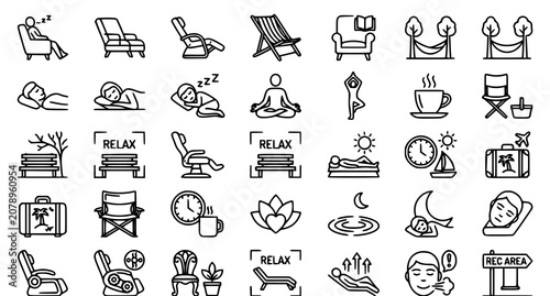 Relaxation and leisure icon set spa beach and wellness line art