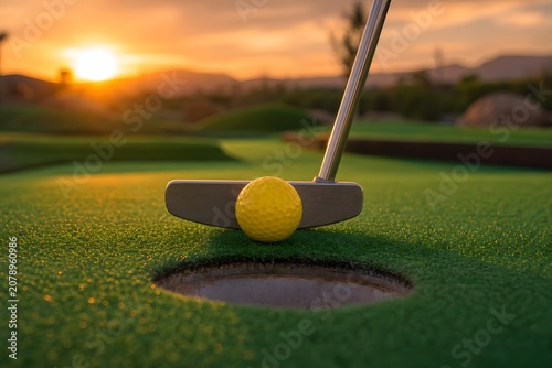 Mini Golf Putt at Sunset - Yellow Ball Nearing the Hole on a Green Course.
