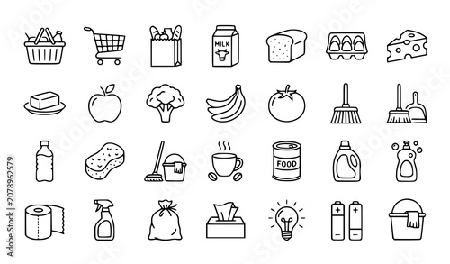 Fotografie Grocery and household line icon set with shopping and daily essentials