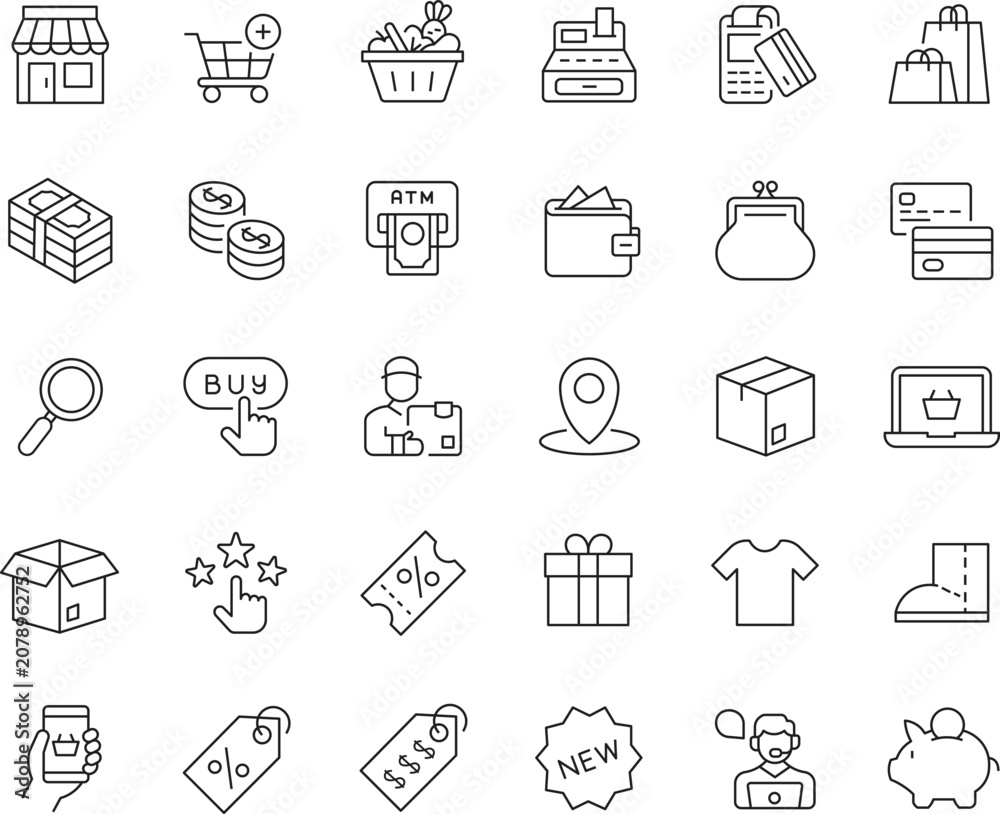 Fototapeta premium Online Shopping Line Icons Set – Editable Stroke E-commerce, Cart, Store, Payment, Delivery, Discount, Package and Retail Outline Vector Collection