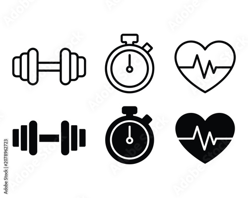 Black and gray fitness icons with dumbbells stopwatch and heart rate on white background