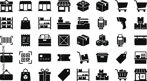 Shopping store icon set, design for shop, market, retail, supermarket, business, payment and delivery