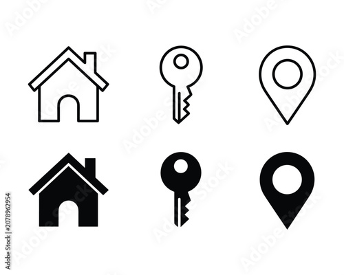 Black and solid house key map location icons set on white background