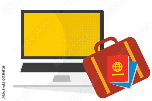 International Travel Booking. Laptop with Suitcase and Passports  