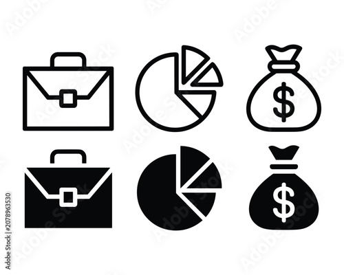Business finance icons set with briefcase pie chart and money bag