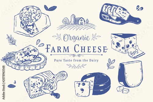 Obraz na plátně Organic Farm Cheese Poster with Rustic Dairy Collection and Hand Drawn Food Elem