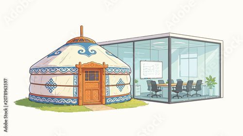 Traditional Mongolian Yurt Adjacent to Modern Glass Office Conference Room with Office Furniture