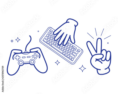 Gaming controller keyboard and hands making peace sign  video games and computing