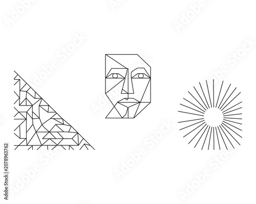 Geometric shapes forming abstract face and sun illustrations